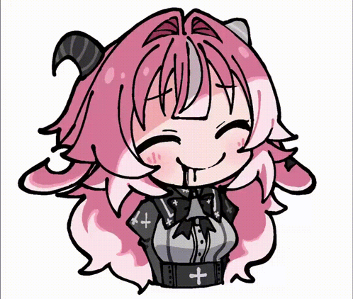 Pukey em estilo cartoon, de cabelo rosa, sorrindo com os olhos fechados